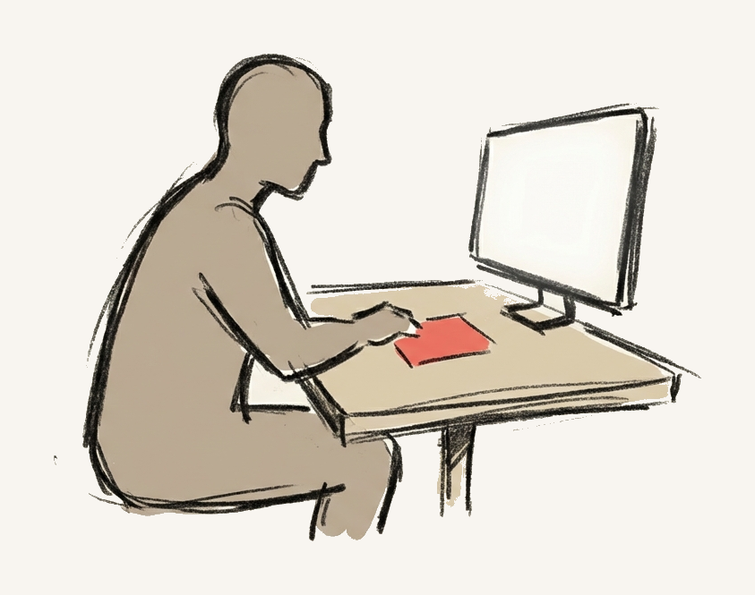 A person sitting at a desk across from a blank screen, a small card between them