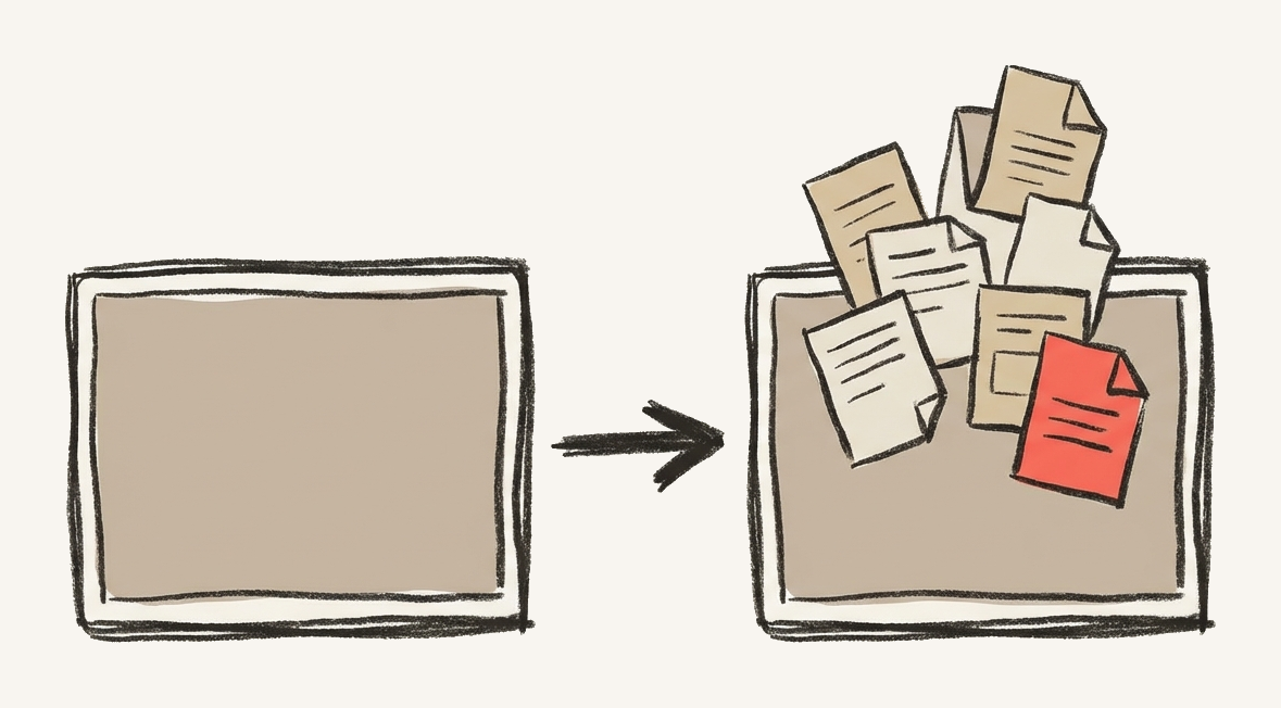 Empty screen on the left with an arrow pointing to a screen full of context documents on the right