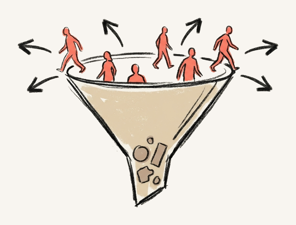 People walking away from the top of a funnel