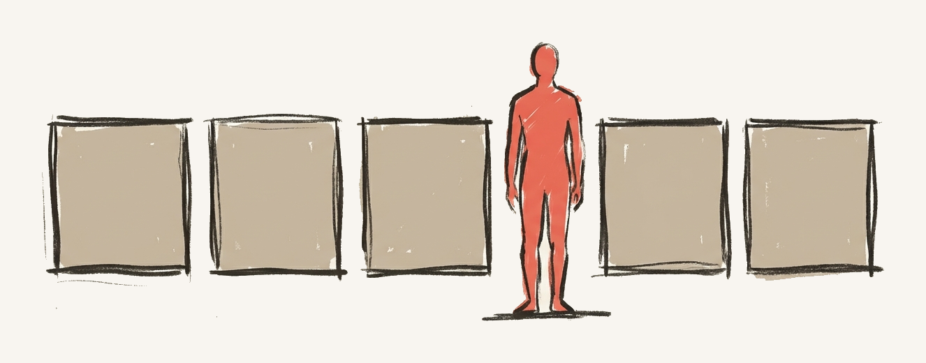 A human silhouette standing among identical shapes