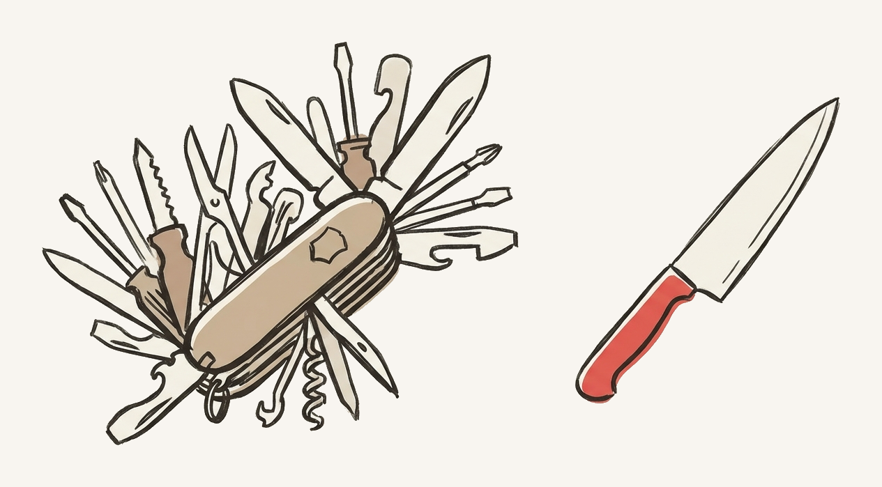 Overstuffed Swiss Army knife next to a single clean knife